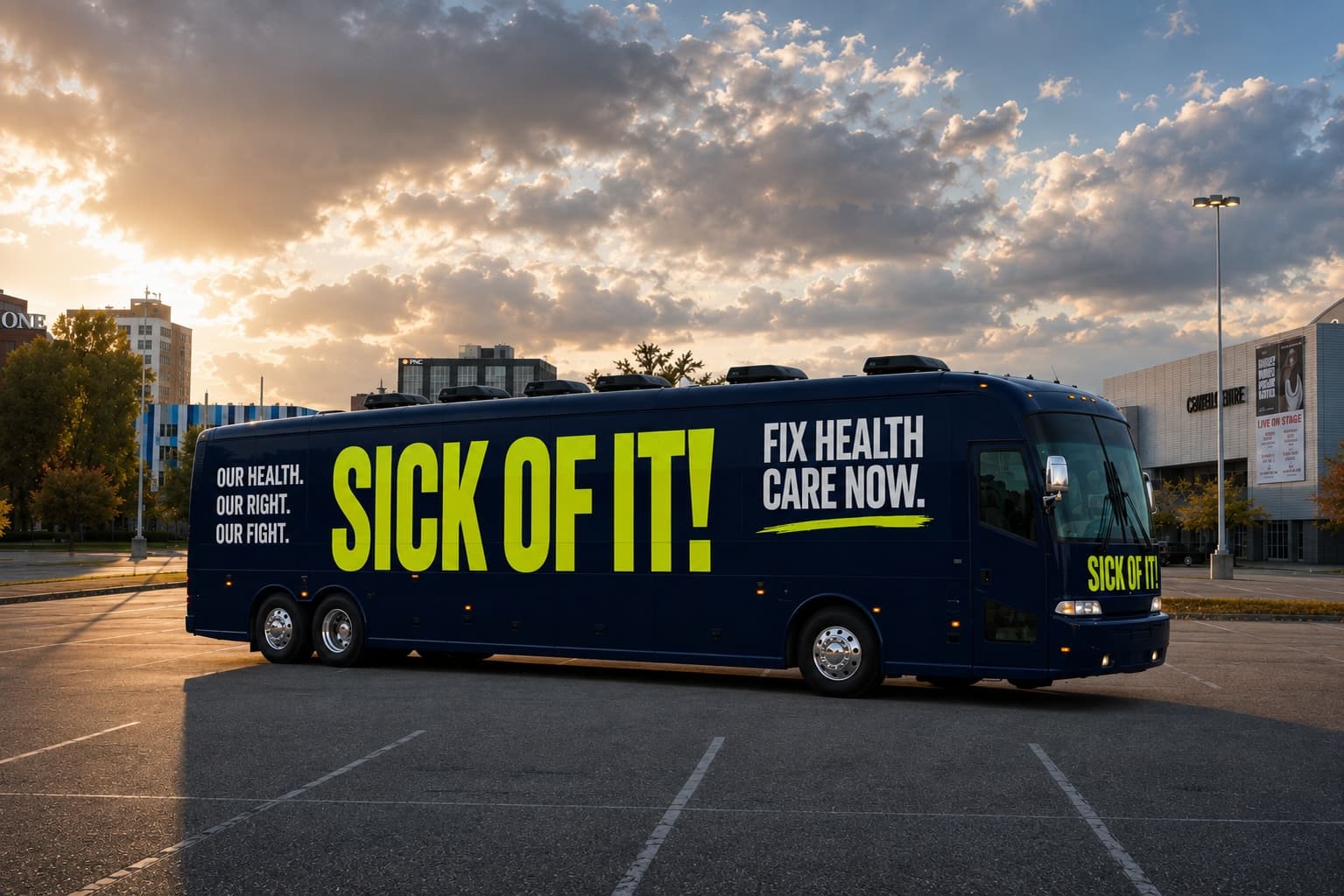 The Sick Of It! Care Force One tour bus parked at golden hour